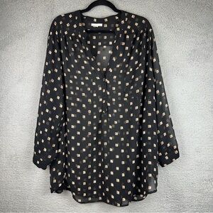 Pleione Top Womens 2X Black Ludo Dice Sheer Long Sleeve Button Up Blouse